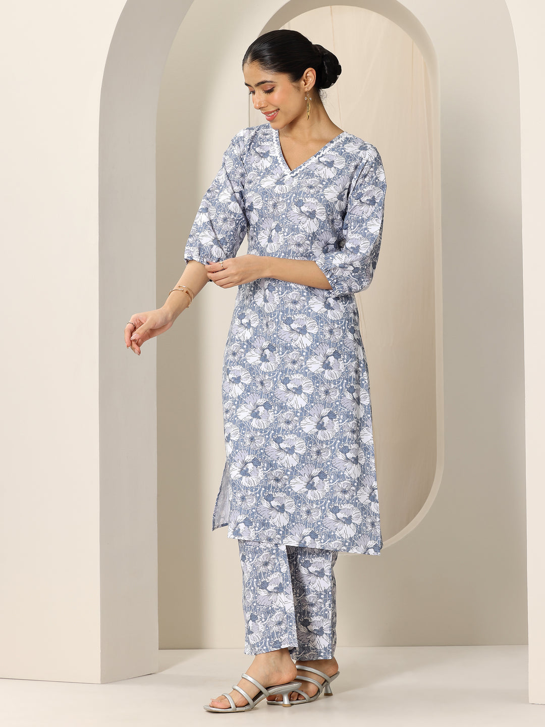  Blue Printed Rayon Straight Kurta Set 