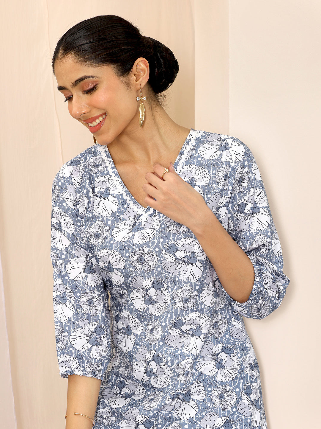  Blue Printed Rayon Straight Kurta Set 