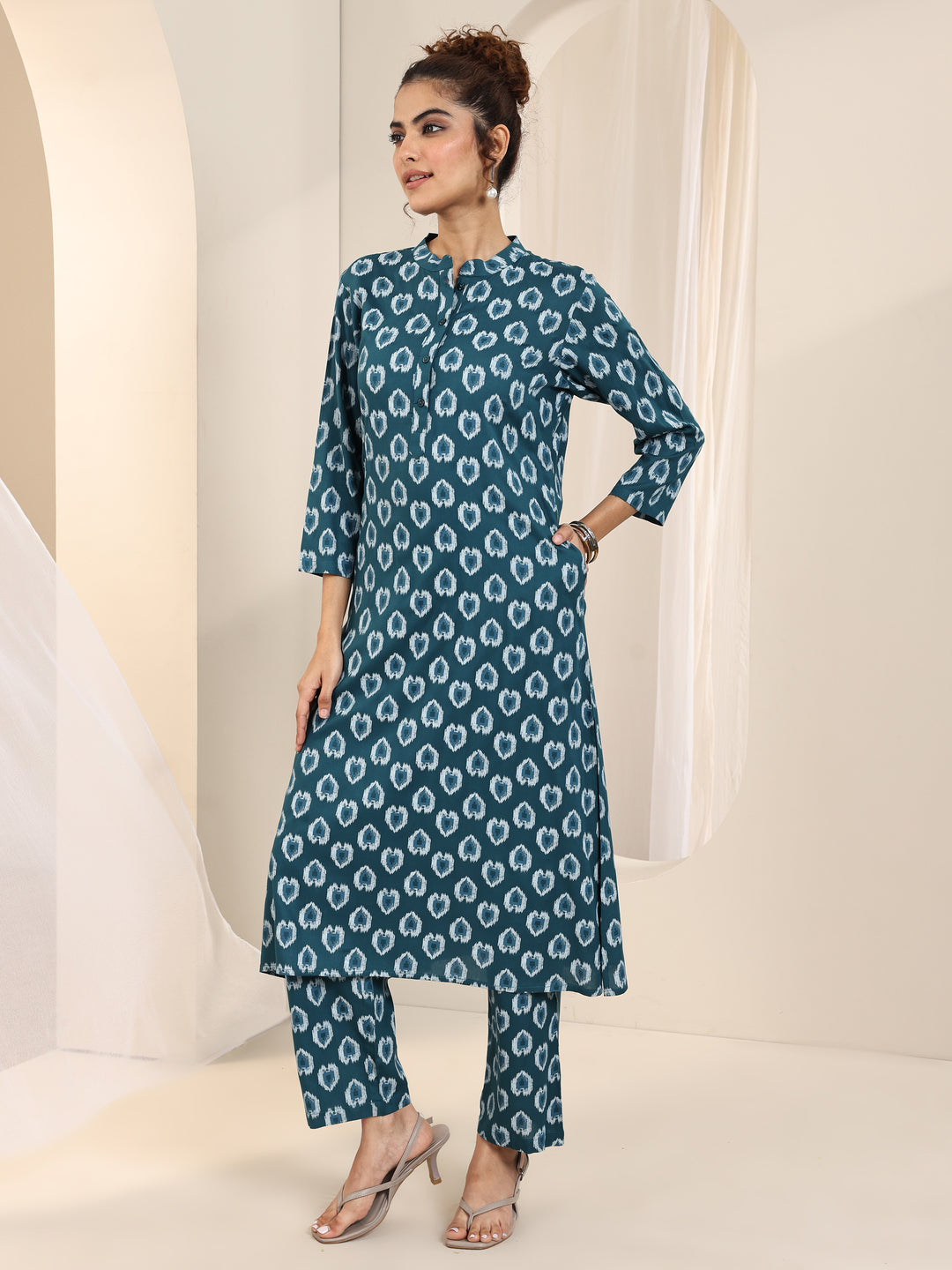  Teal Printed Rayon Straight Kurta Set 