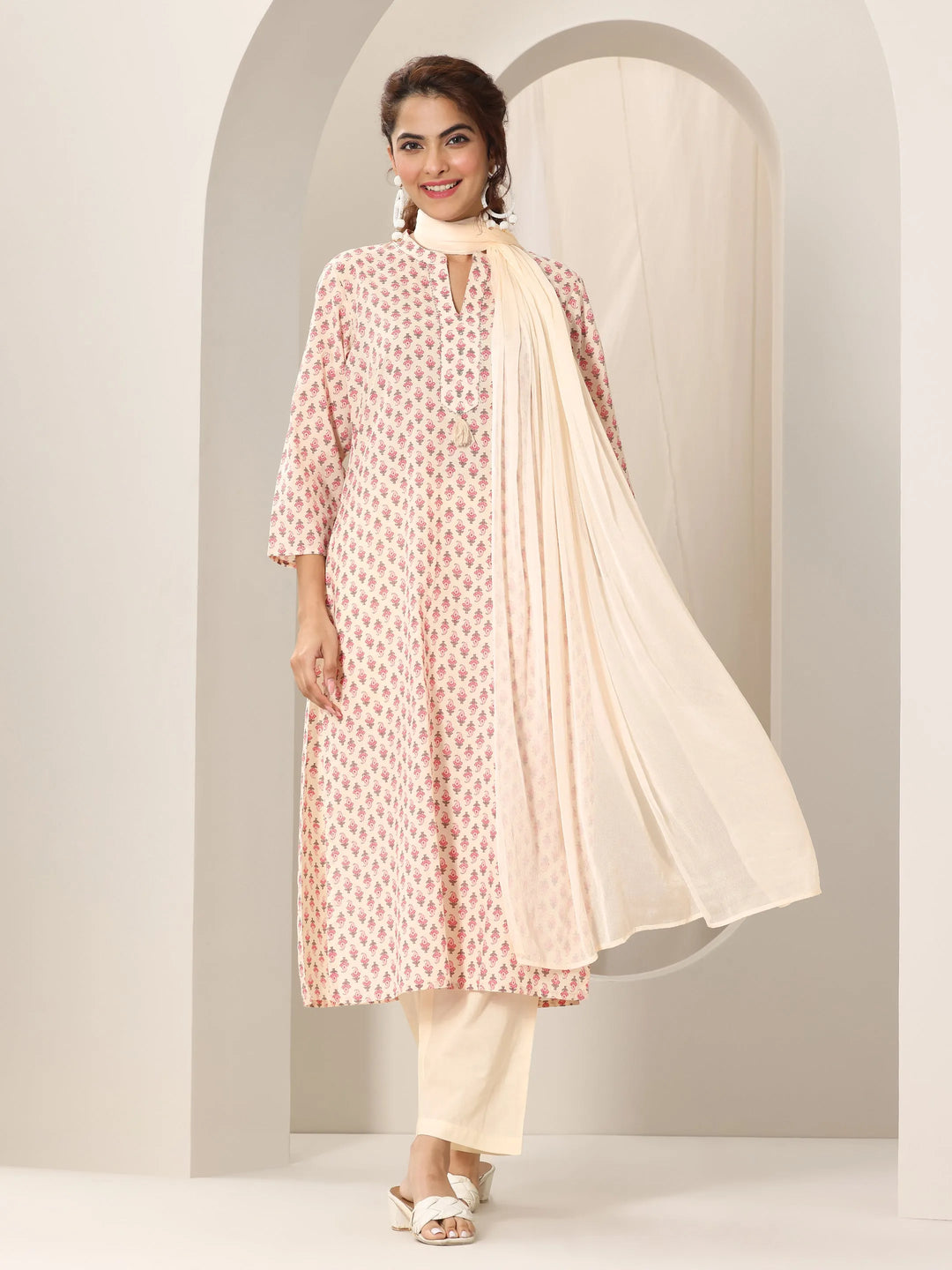  Off White Printed Cotton Straight Suit Set With Dupatta 