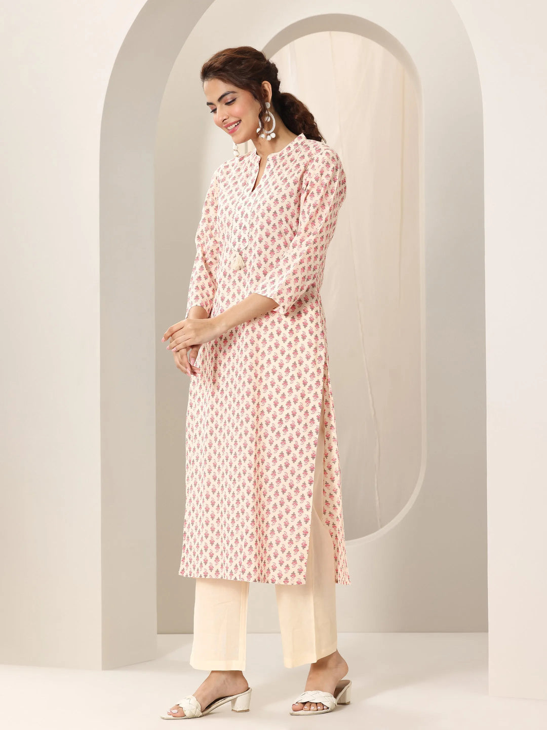  Off White Printed Cotton Straight Suit Set With Dupatta 