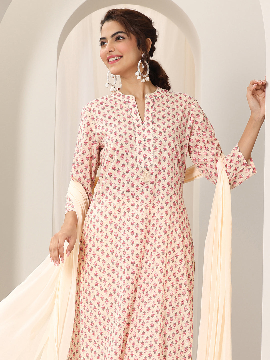  Off White Printed Cotton Straight Suit Set With Dupatta 