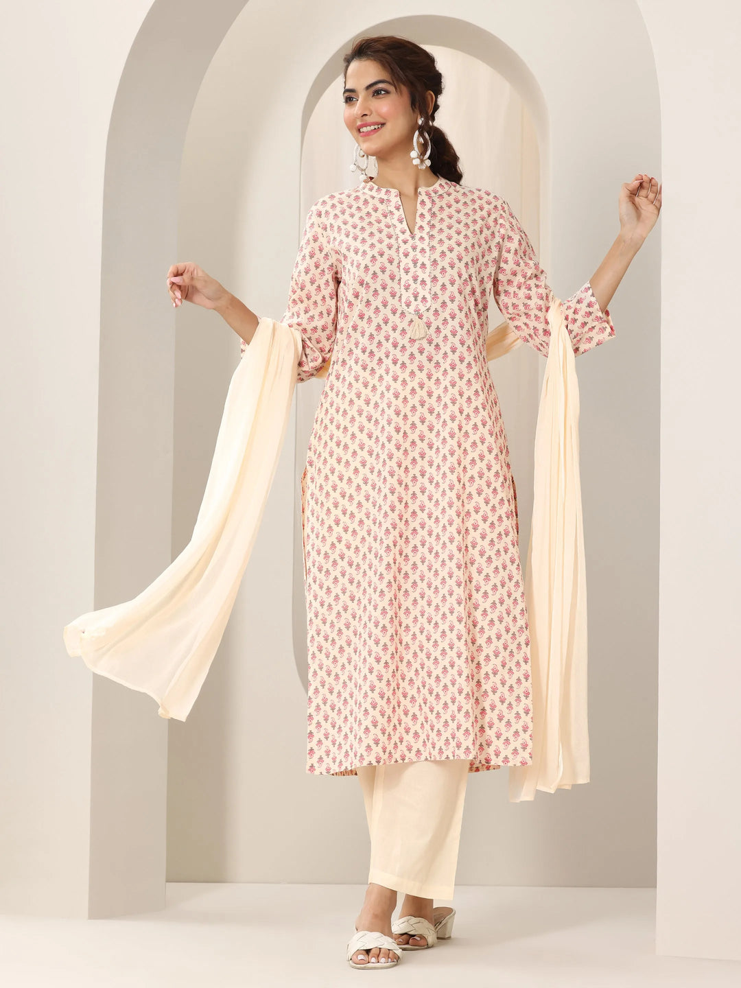  Off White Printed Cotton Straight Suit Set With Dupatta 