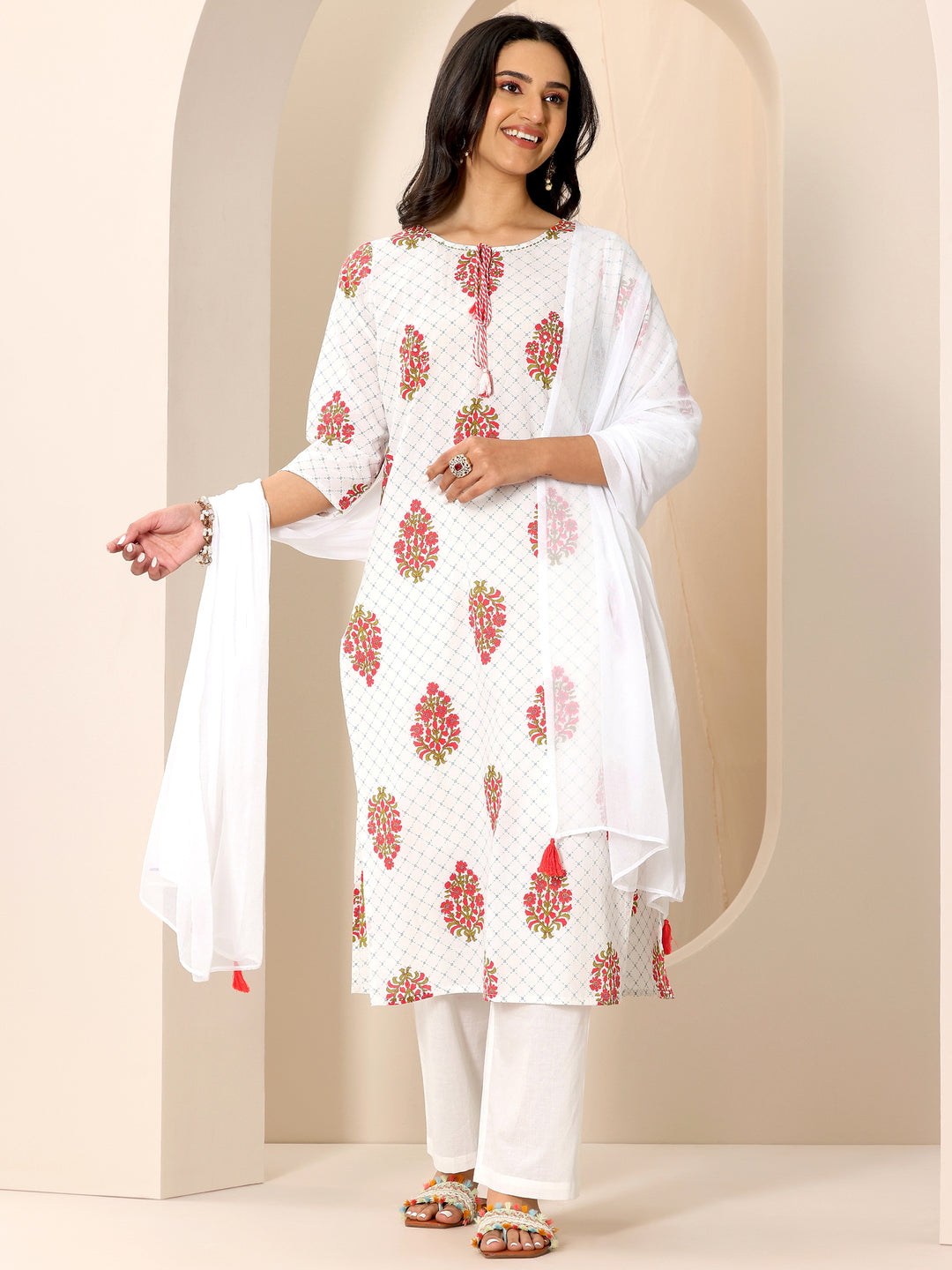  White Printed Cotton Straight Suit Set With Dupatta 