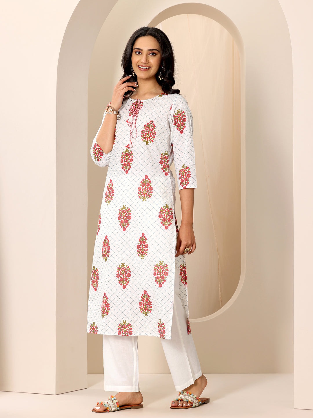  White Printed Cotton Straight Suit Set With Dupatta 