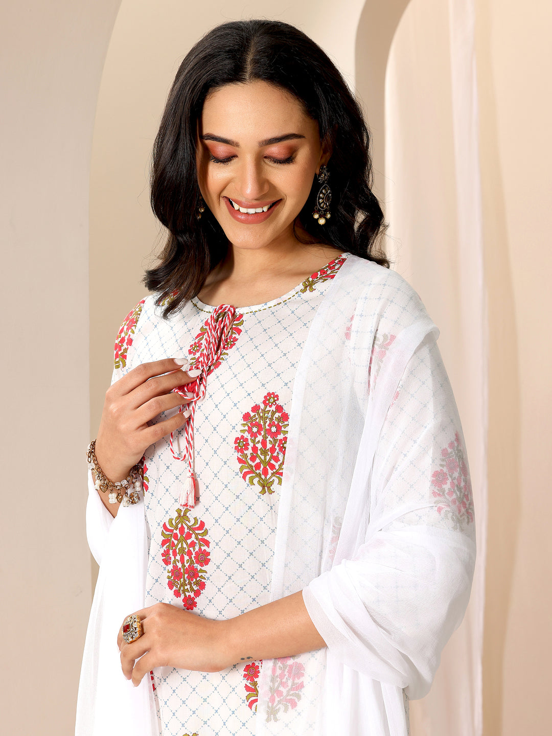  White Printed Cotton Straight Suit Set With Dupatta 