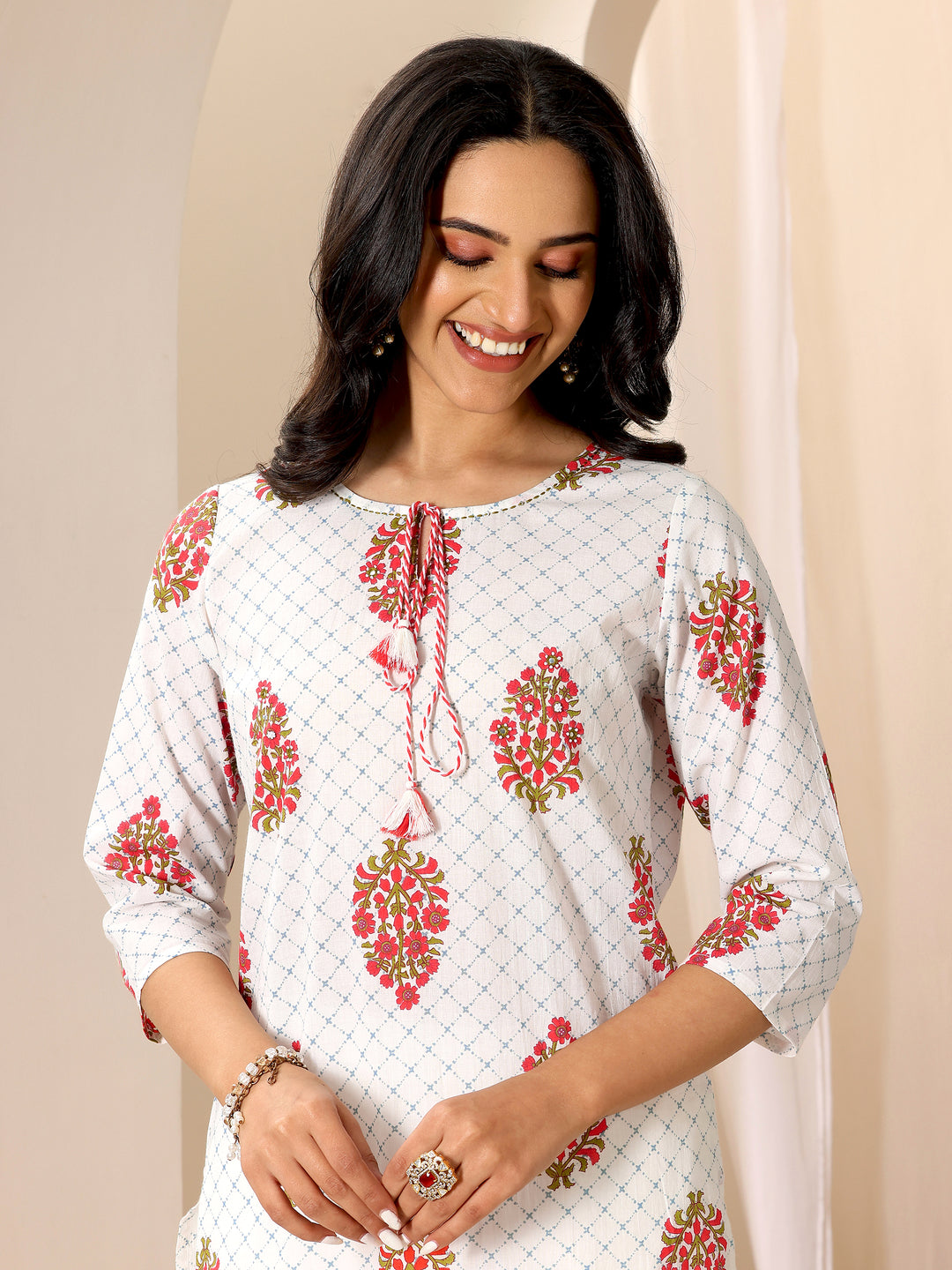  White Printed Cotton Straight Suit Set With Dupatta 