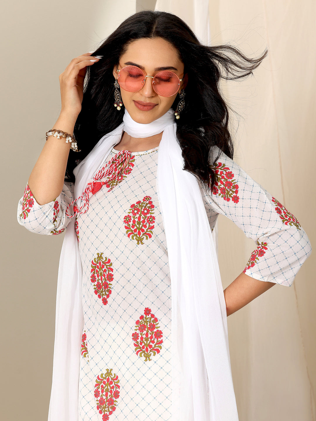 White Printed Cotton Straight Suit Set With Dupatta