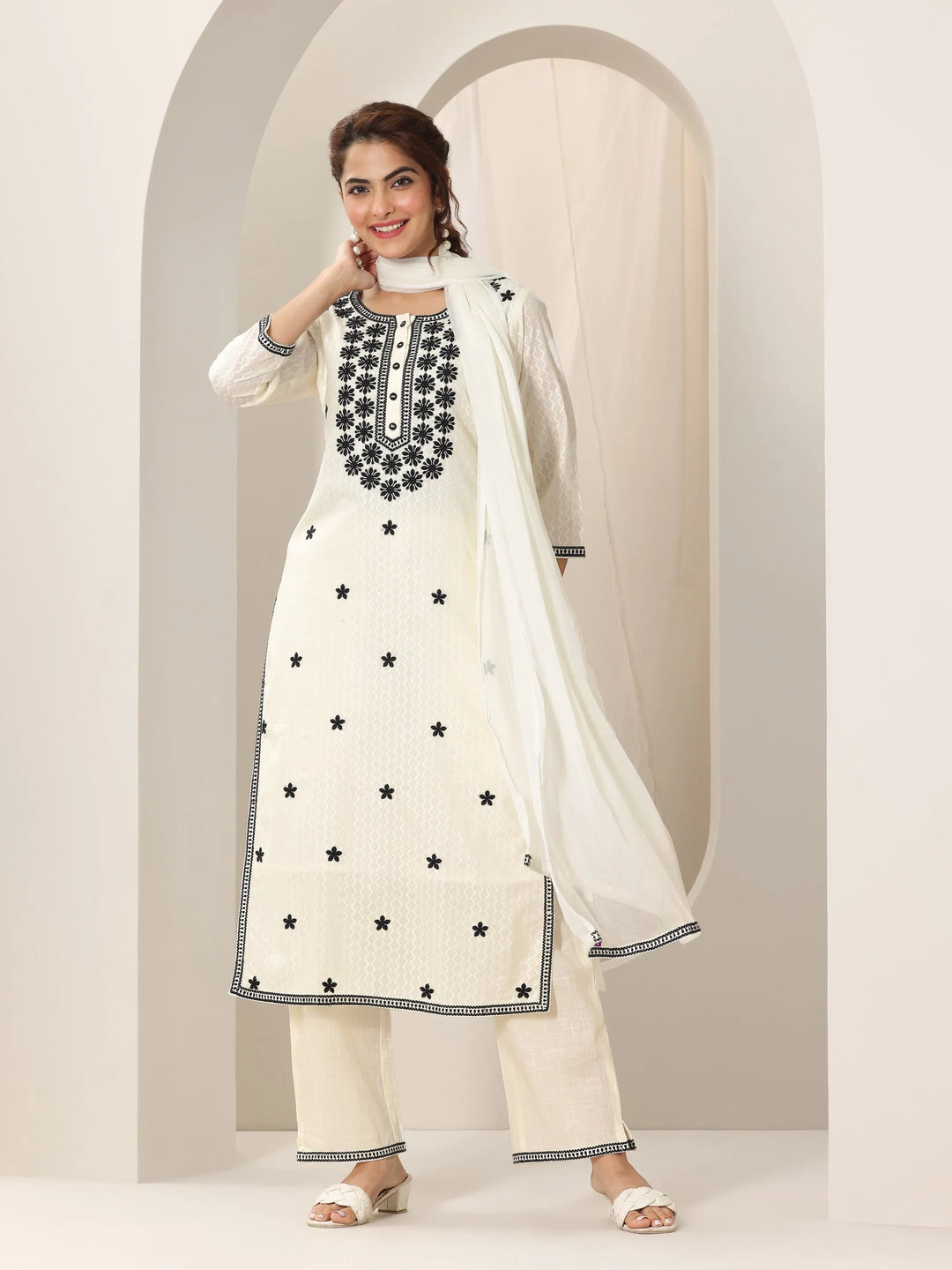  Off White Embroidered Cotton Straight Suit Set With Dupatta 