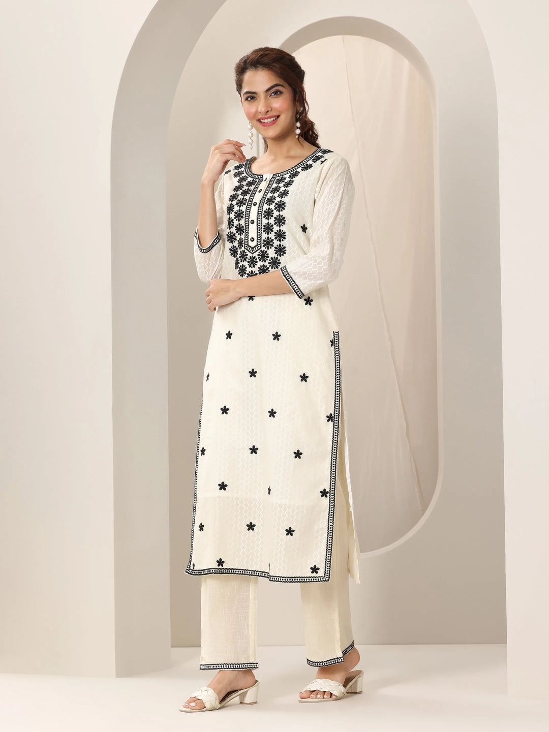  Off White Embroidered Cotton Straight Suit Set With Dupatta 