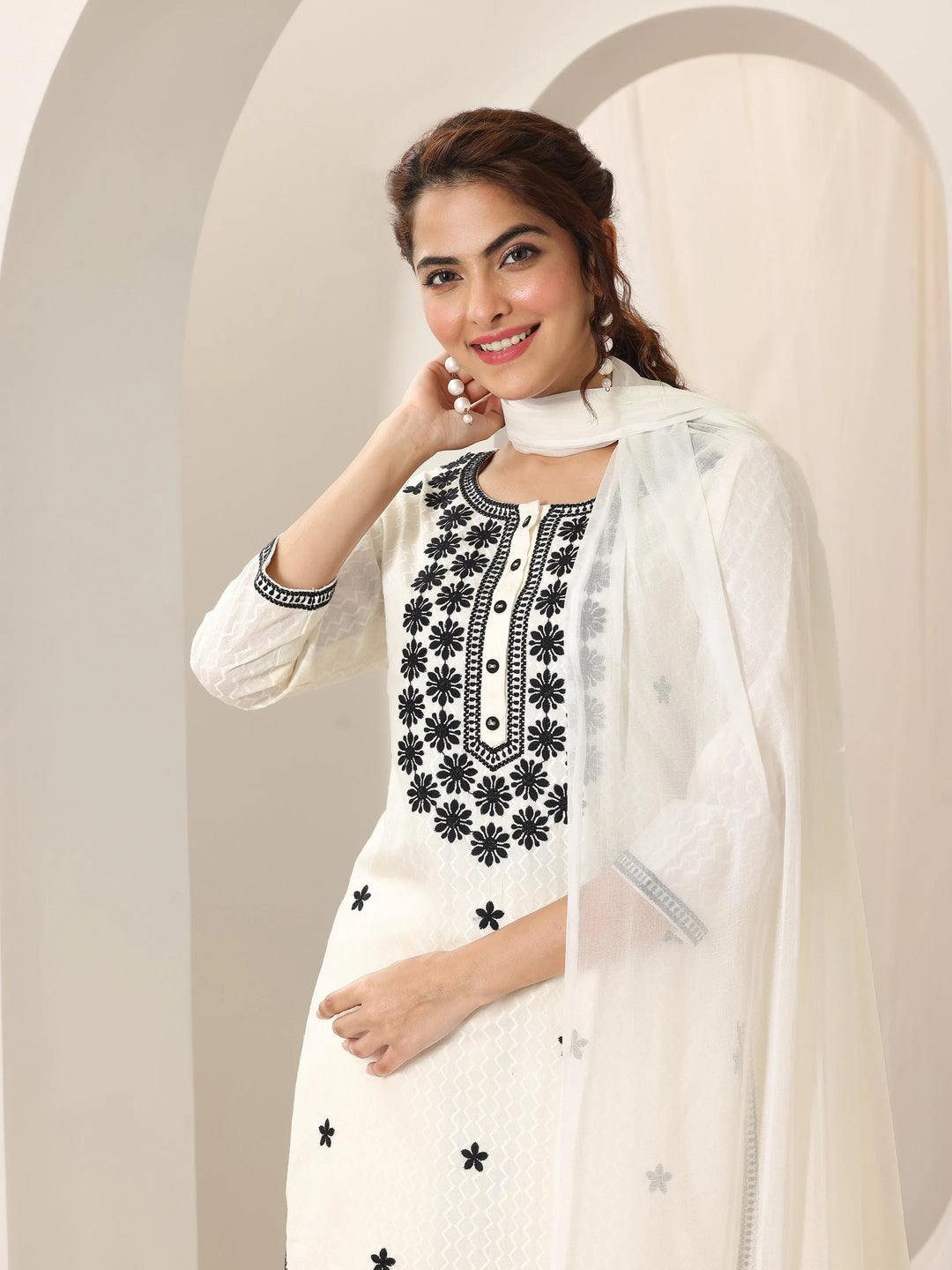  Off White Embroidered Cotton Straight Suit Set With Dupatta 