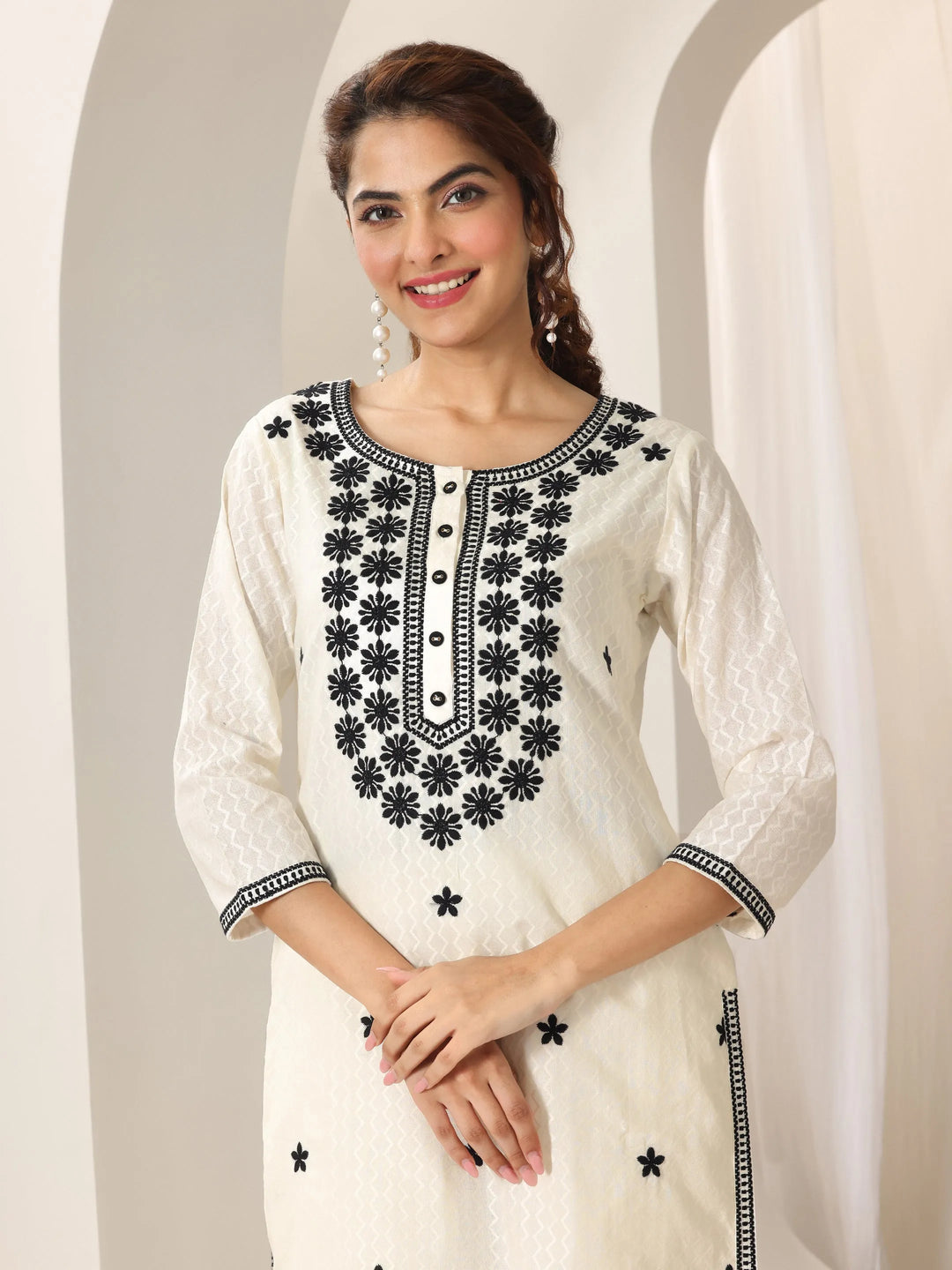  Off White Embroidered Cotton Straight Suit Set With Dupatta 