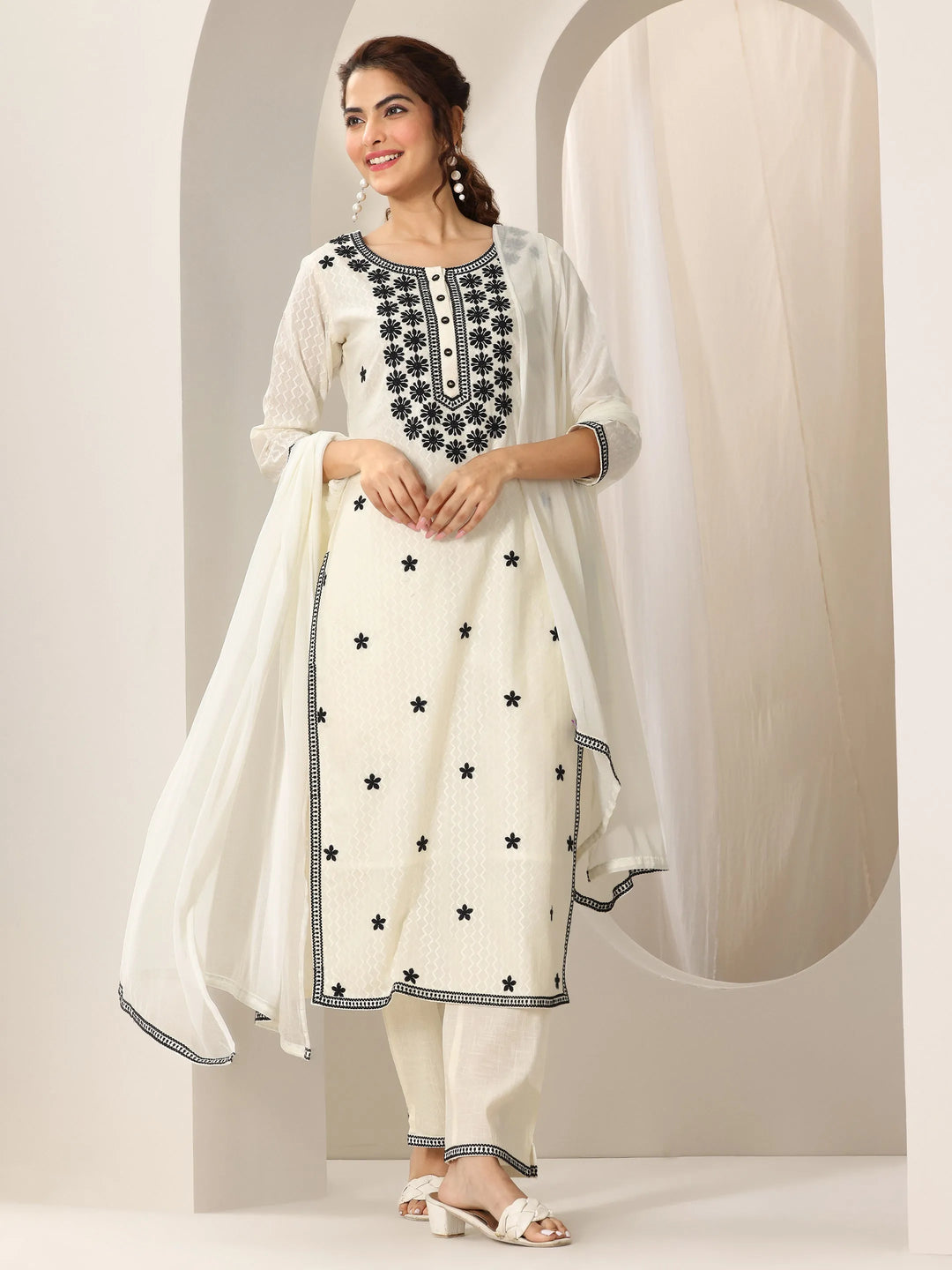  Off White Embroidered Cotton Straight Suit Set With Dupatta 