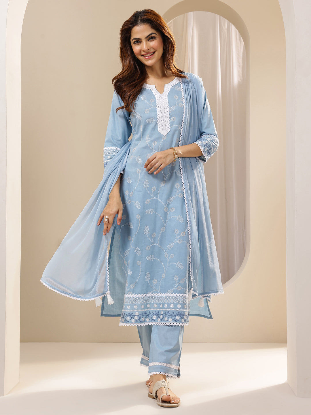  Blue Embroidered Cotton Straight Suit Sets With Dupatta 