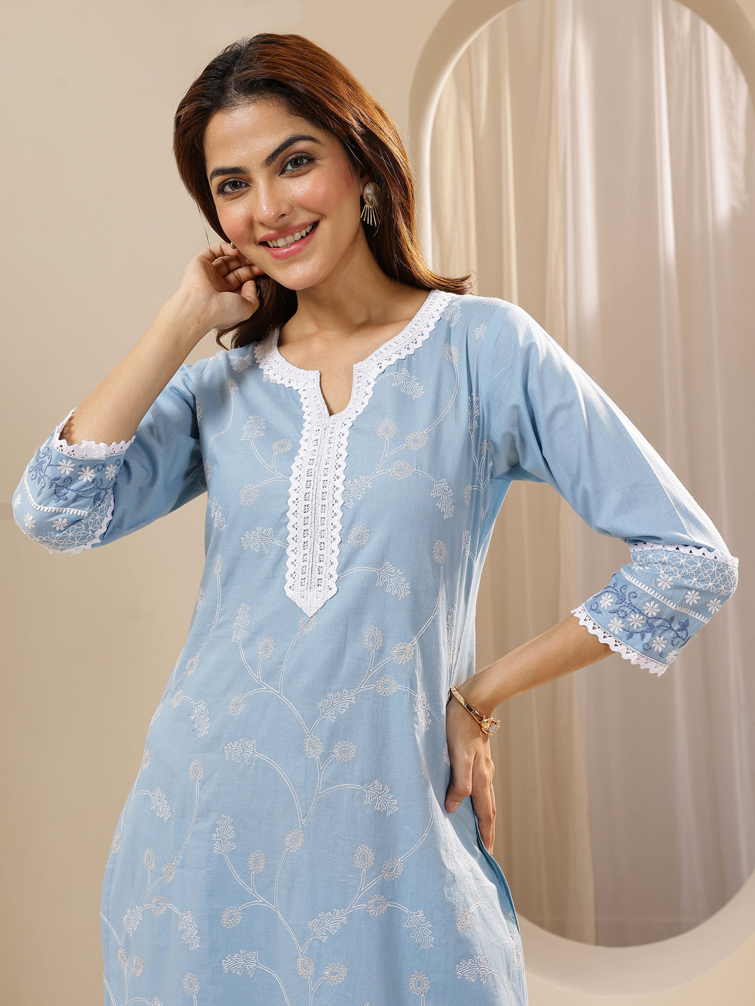  Blue Embroidered Cotton Straight Suit Sets With Dupatta 