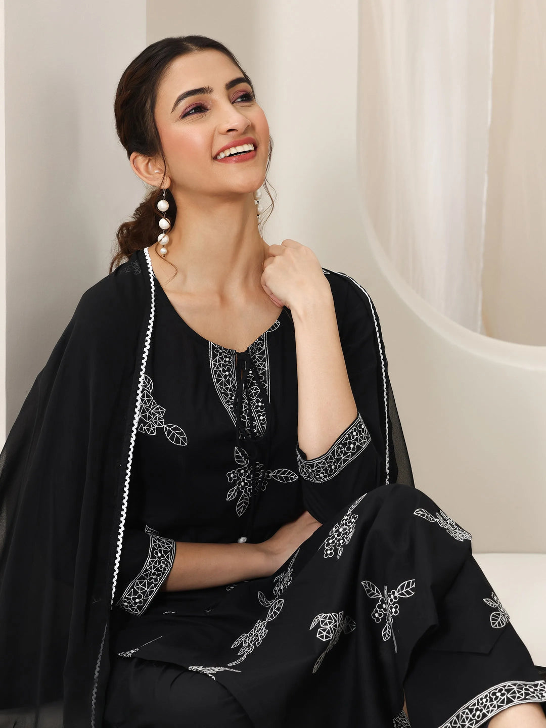 Black Embroidered Cotton Straight Suit Set With Dupatta