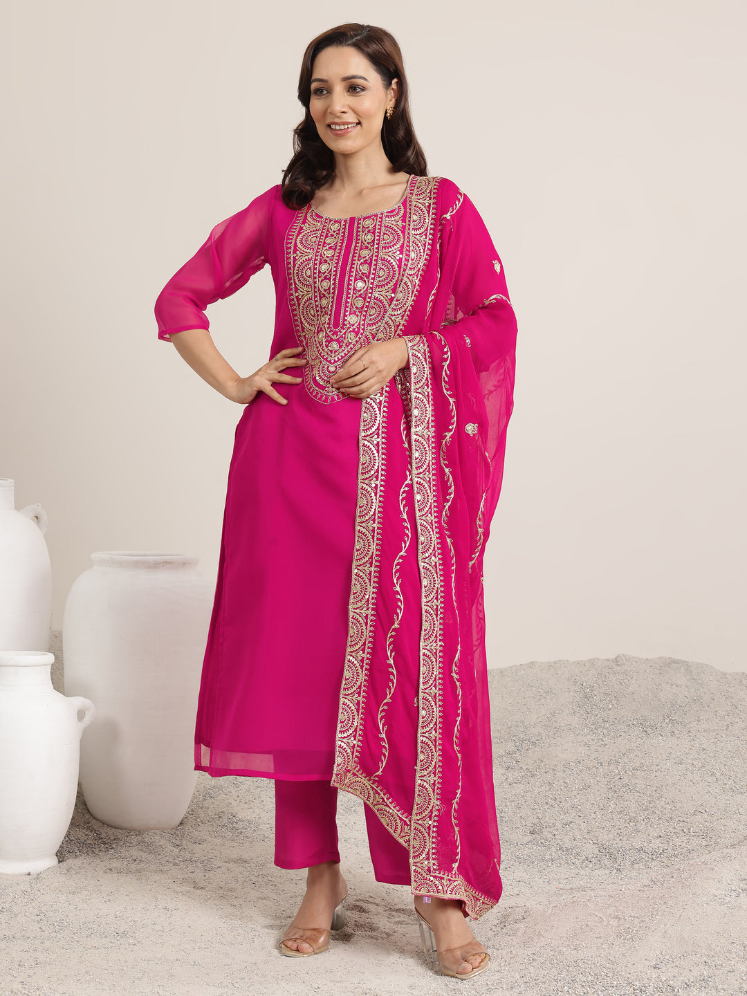 Pink Yoke Design Organza Straight Suit Set With Dupatta