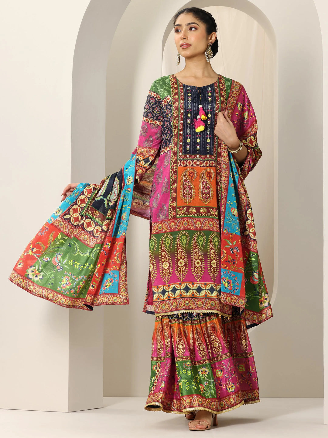  Multi Printed Chinon Straight Suit Set With Dupatta 