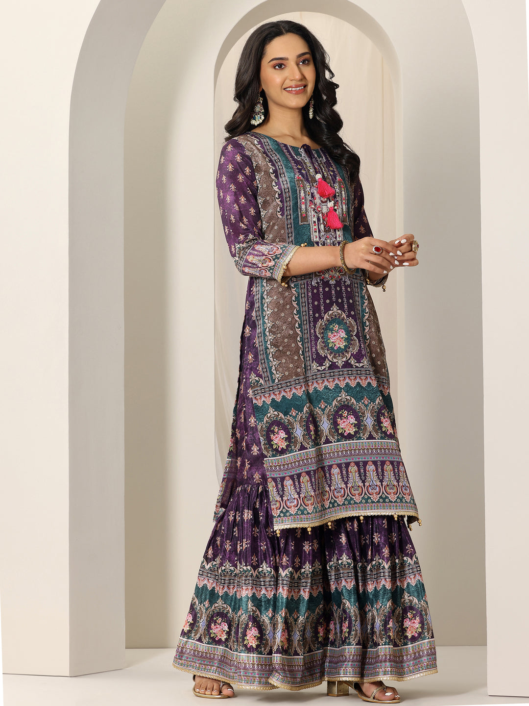  Multi Printed Chinon Straight Sharara Suit Set With Dupatta 