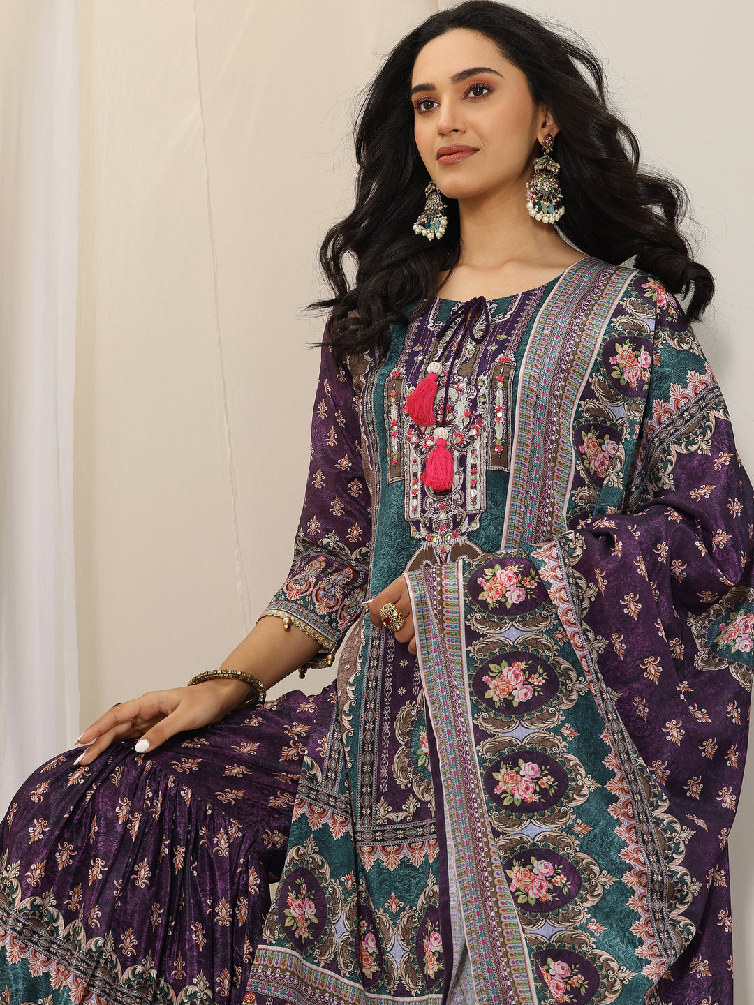 Multi Printed Chinon Straight Sharara Suit Set With Dupatta