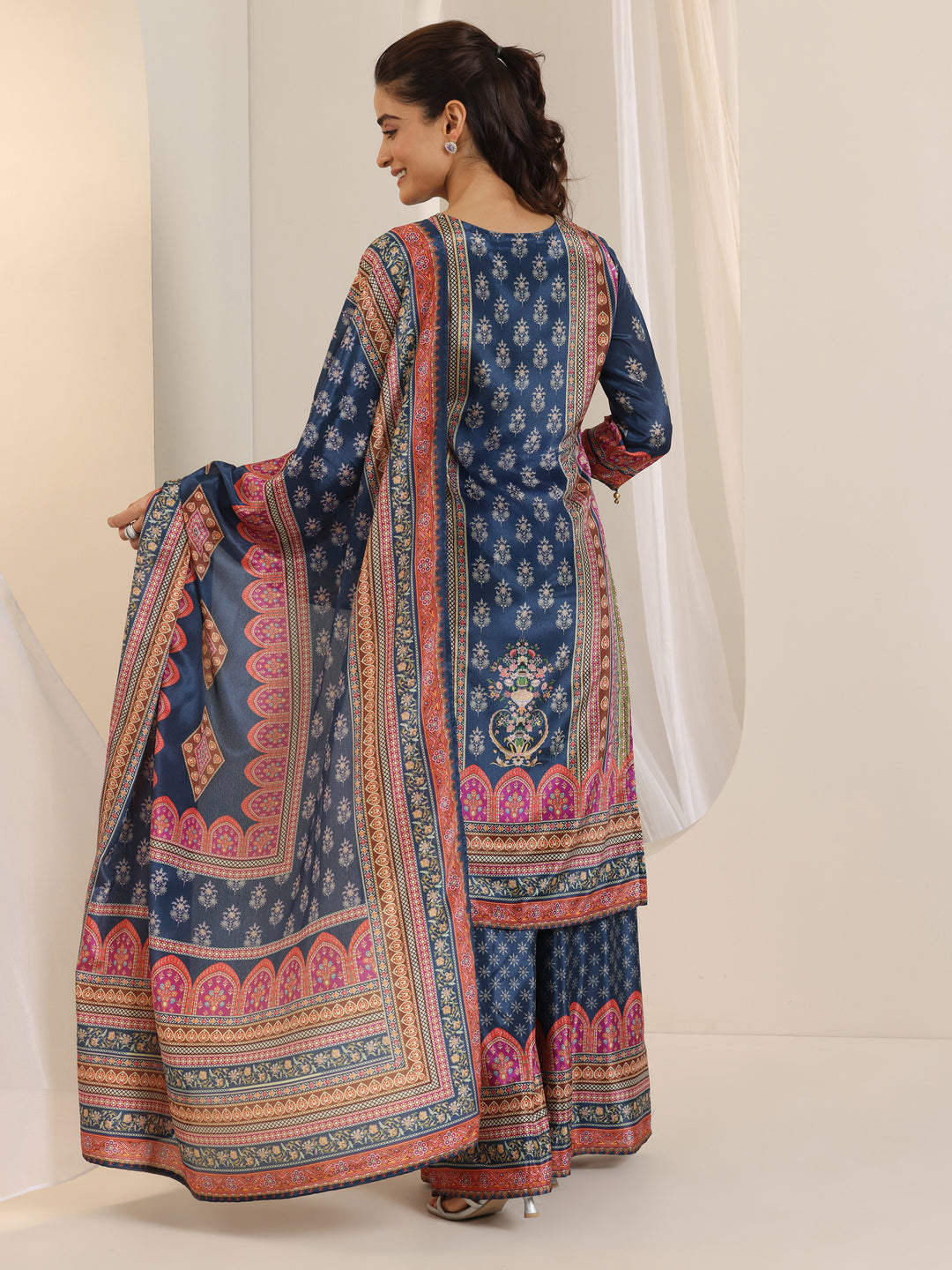  Blue Printed Chinon Straight Suit Set With Dupatta 