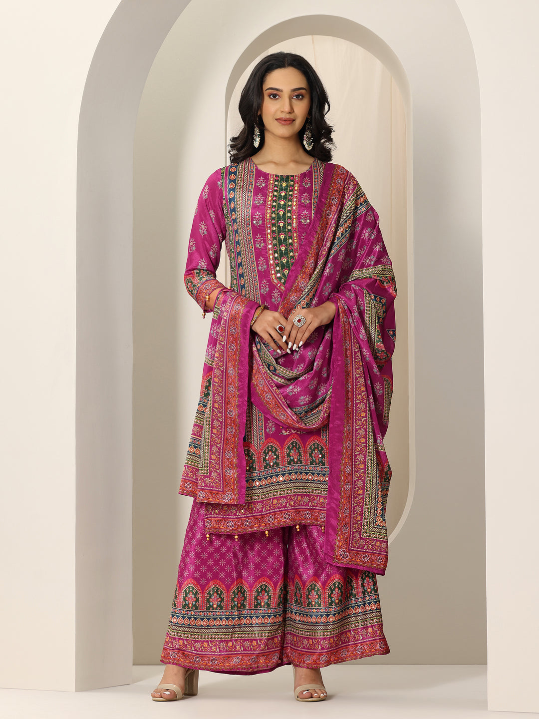 Pink Printed Chinon Straight Suit Set With Dupatta