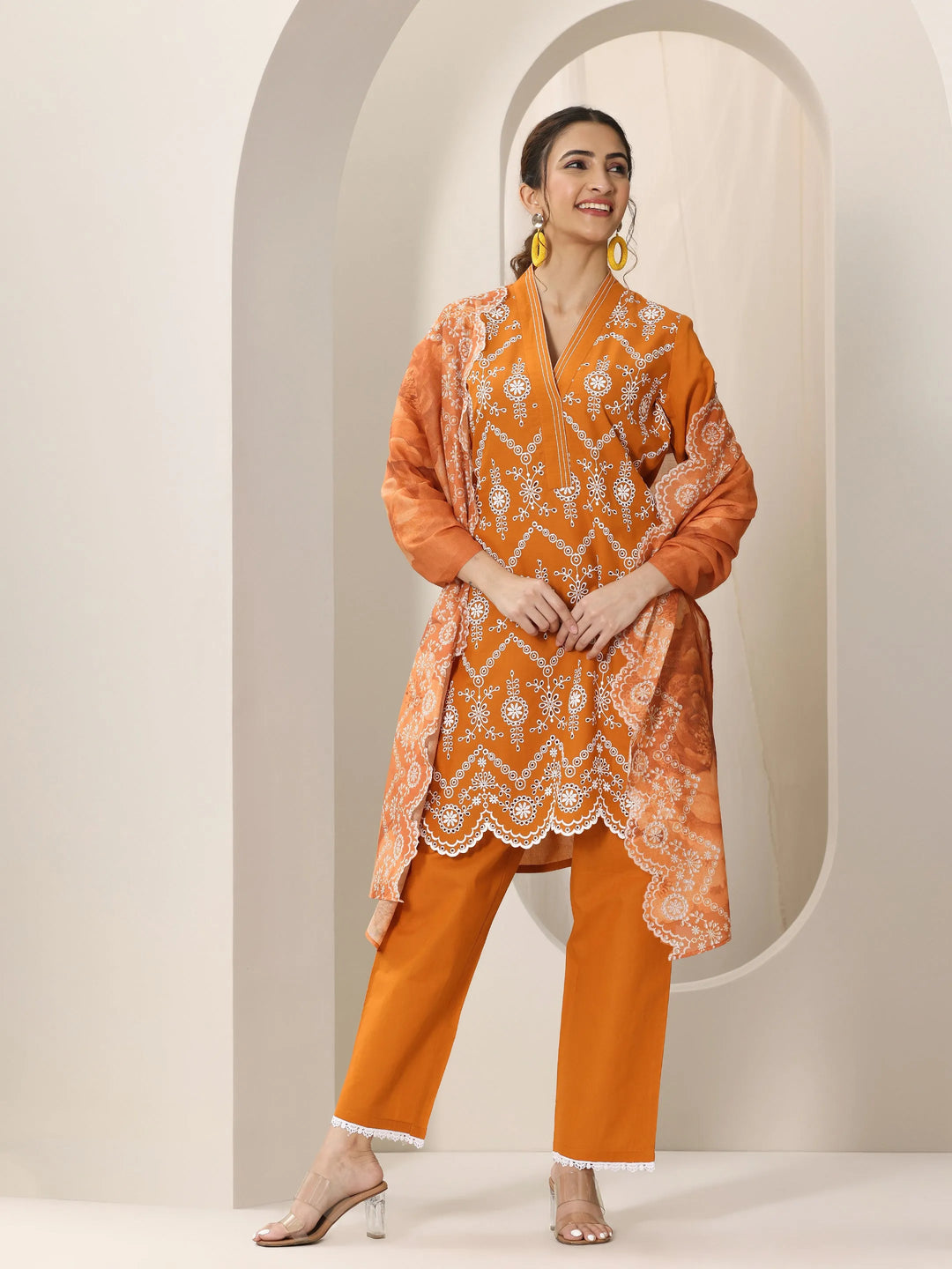  Orange Embroidered Cotton Straight Suit Set With Dupatta 