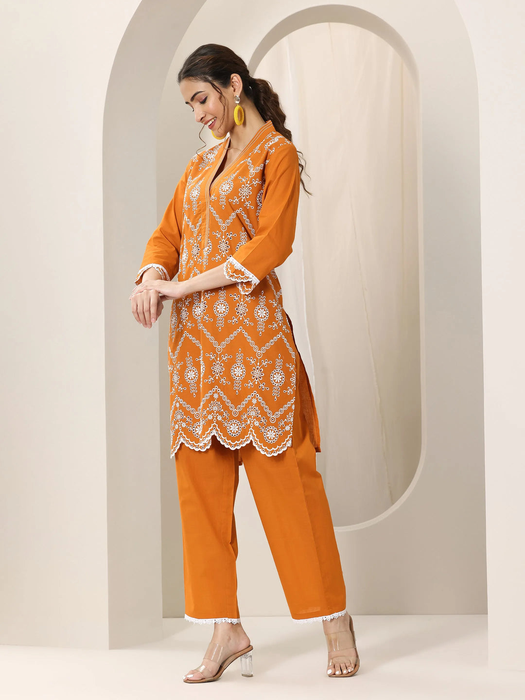  Orange Embroidered Cotton Straight Suit Set With Dupatta 