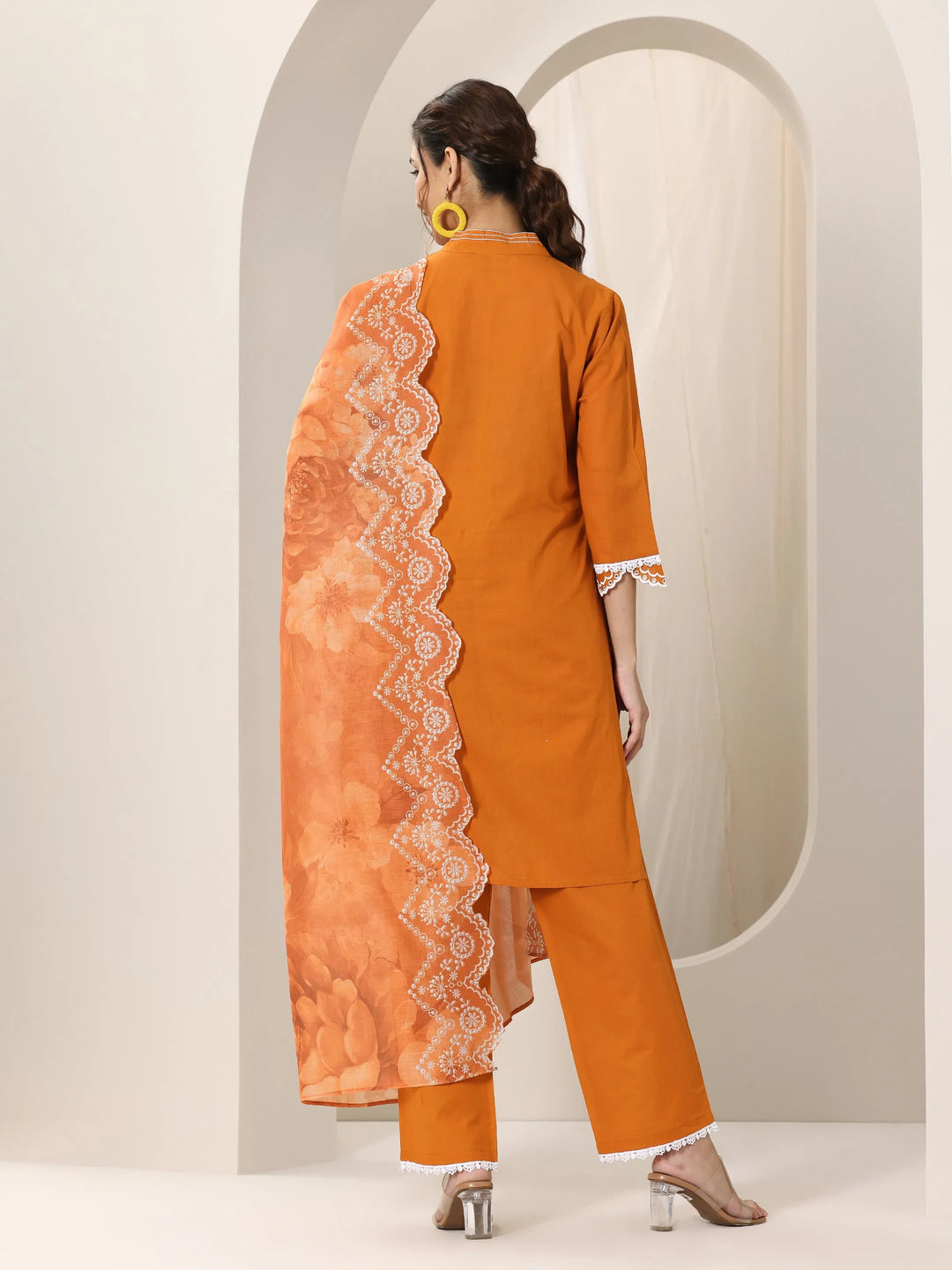  Orange Embroidered Cotton Straight Suit Set With Dupatta 