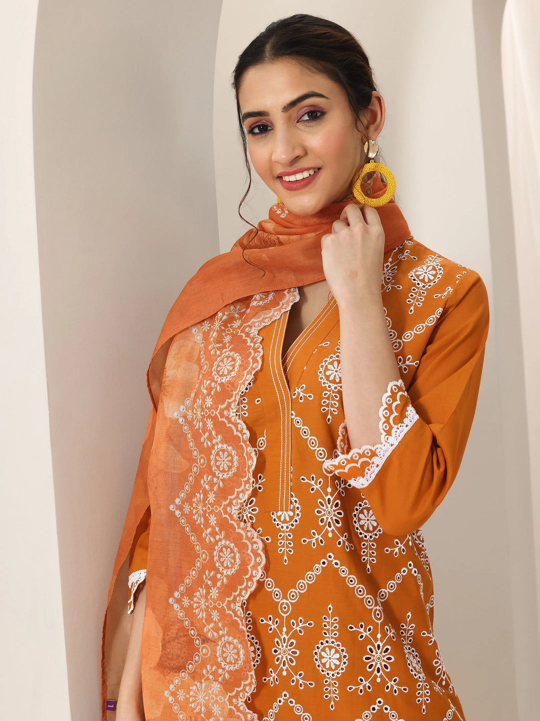 Orange Embroidered Cotton Straight Suit Set With Dupatta