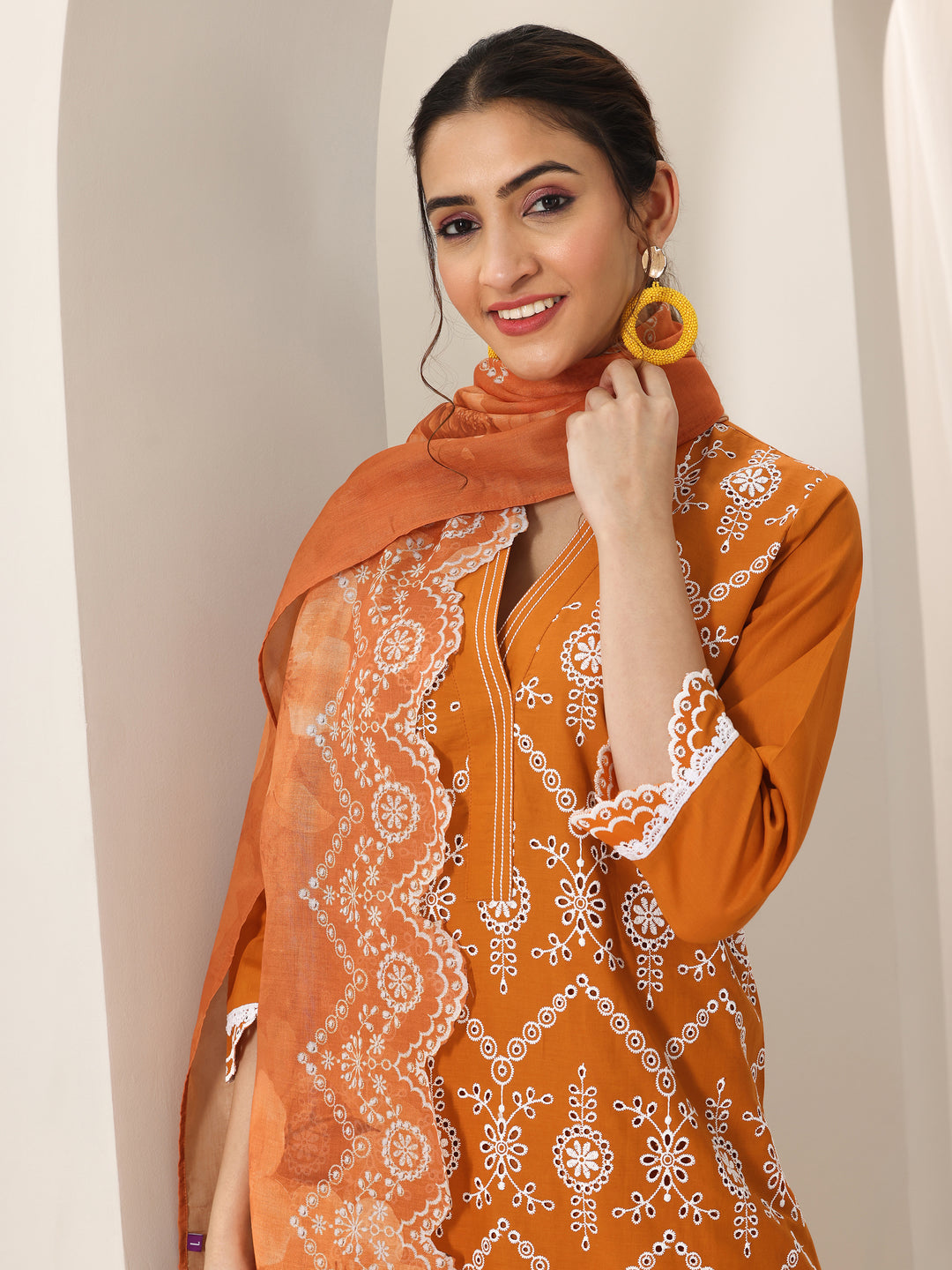  Orange Embroidered Cotton Straight Suit Set With Dupatta 