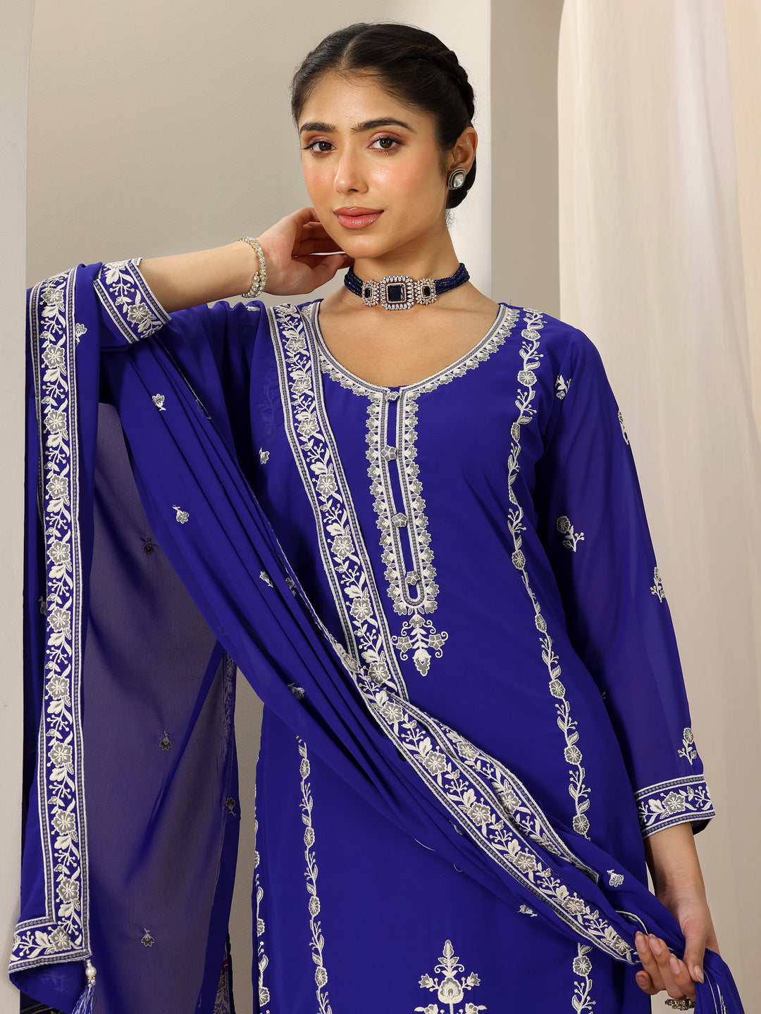  Blue Embroidered Georgette Straight Suit Set With Dupatta 