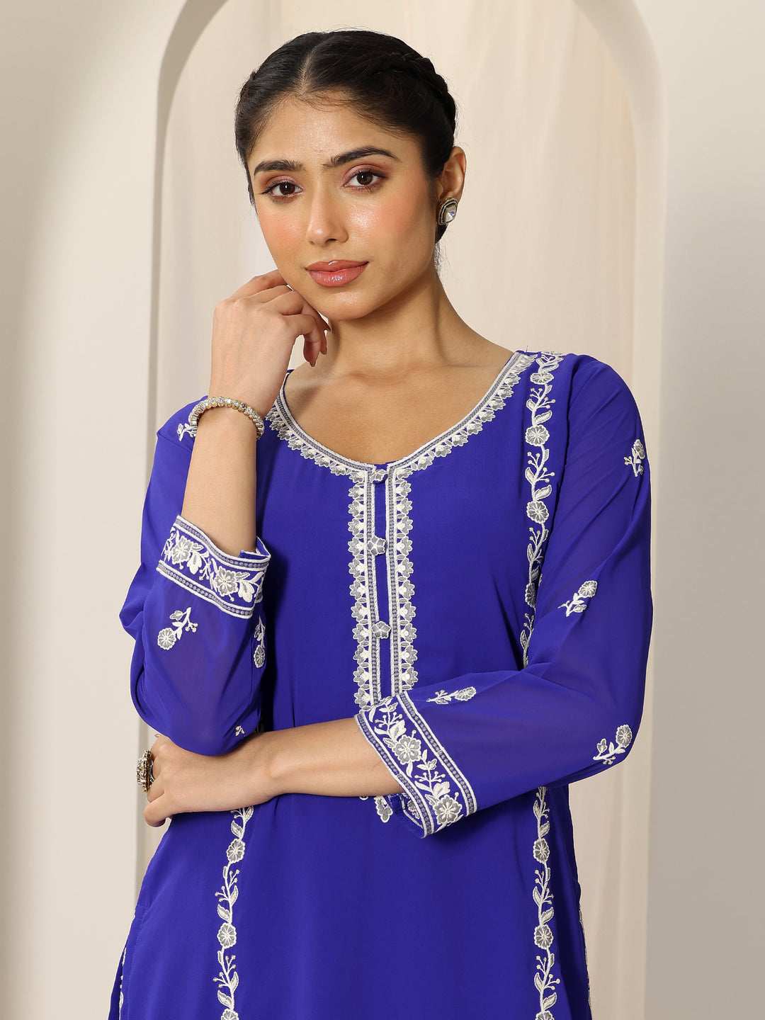  Blue Embroidered Georgette Straight Suit Set With Dupatta 