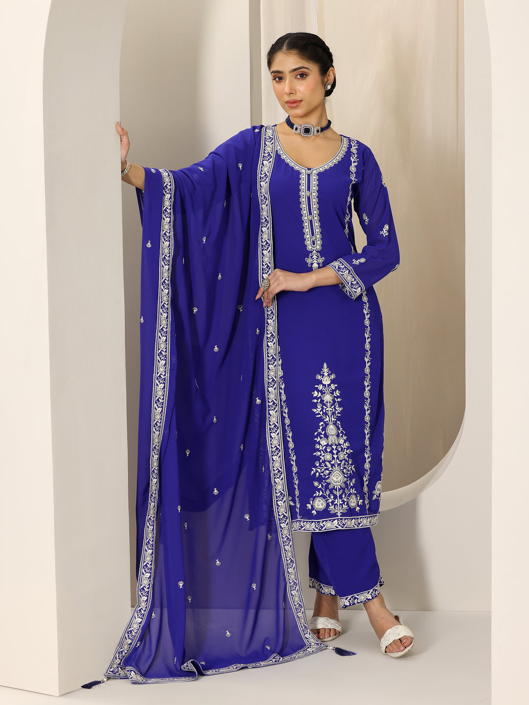 Blue Embroidered Georgette Straight Suit Set With Dupatta