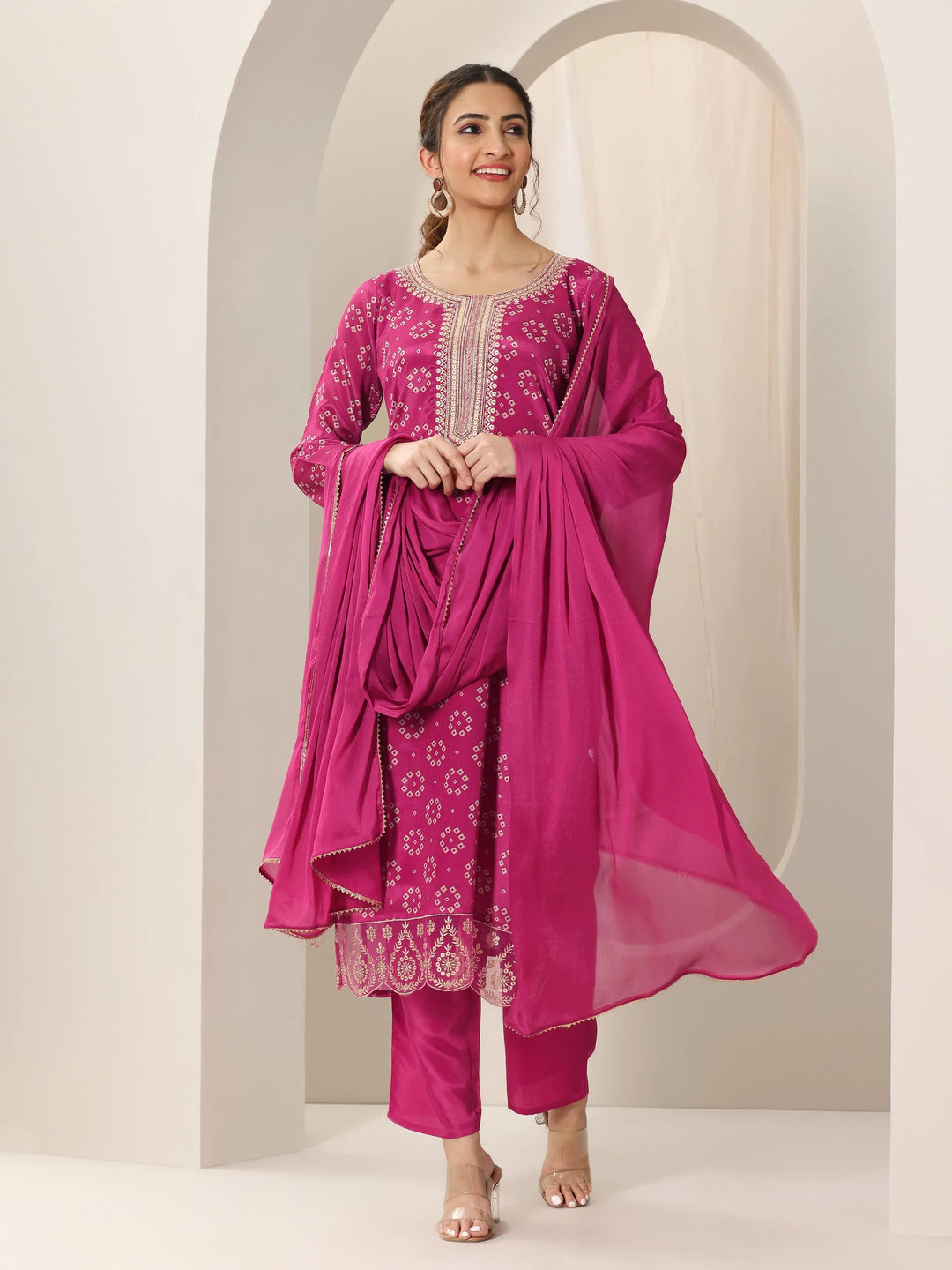  Pink Printed Silk Blend Straight Suit Set With Dupatta 