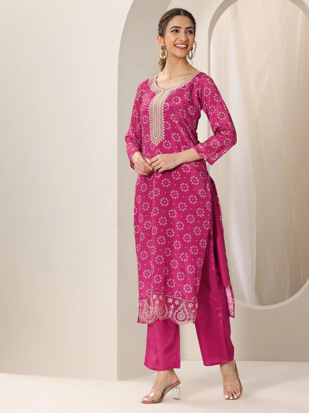  Pink Printed Silk Blend Straight Suit Set With Dupatta 