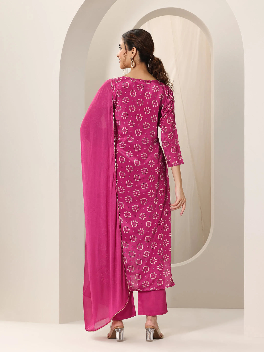  Pink Printed Silk Blend Straight Suit Set With Dupatta 