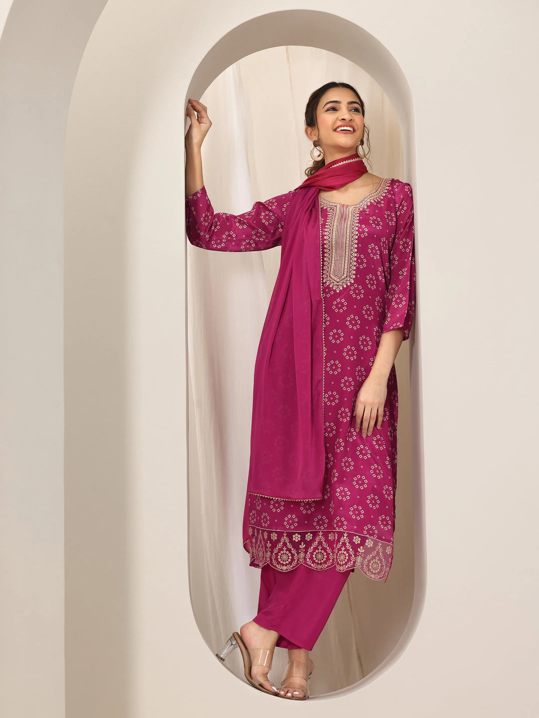  Pink Printed Silk Blend Straight Suit Set With Dupatta 