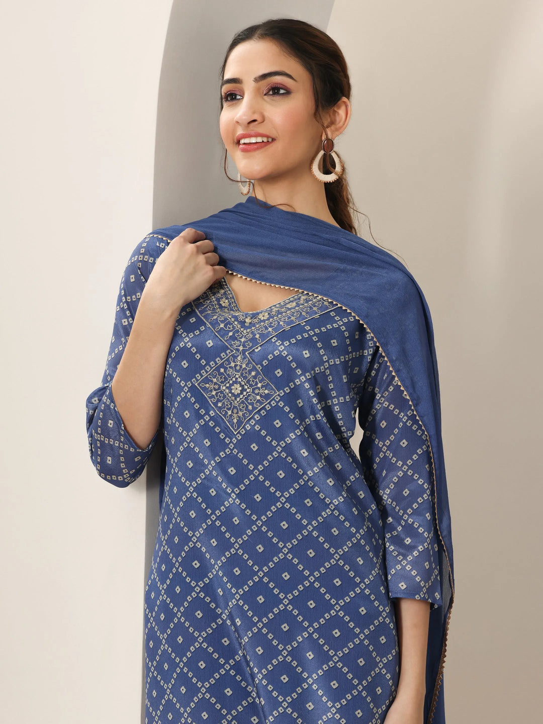  Blue Printed Silk Blend Straight Suit Set With Dupatta 