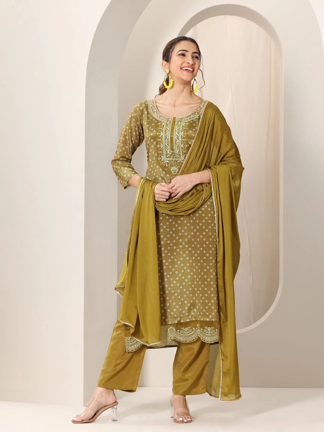  Olive Printed Silk Blend Straight Suit Set With Dupatta 