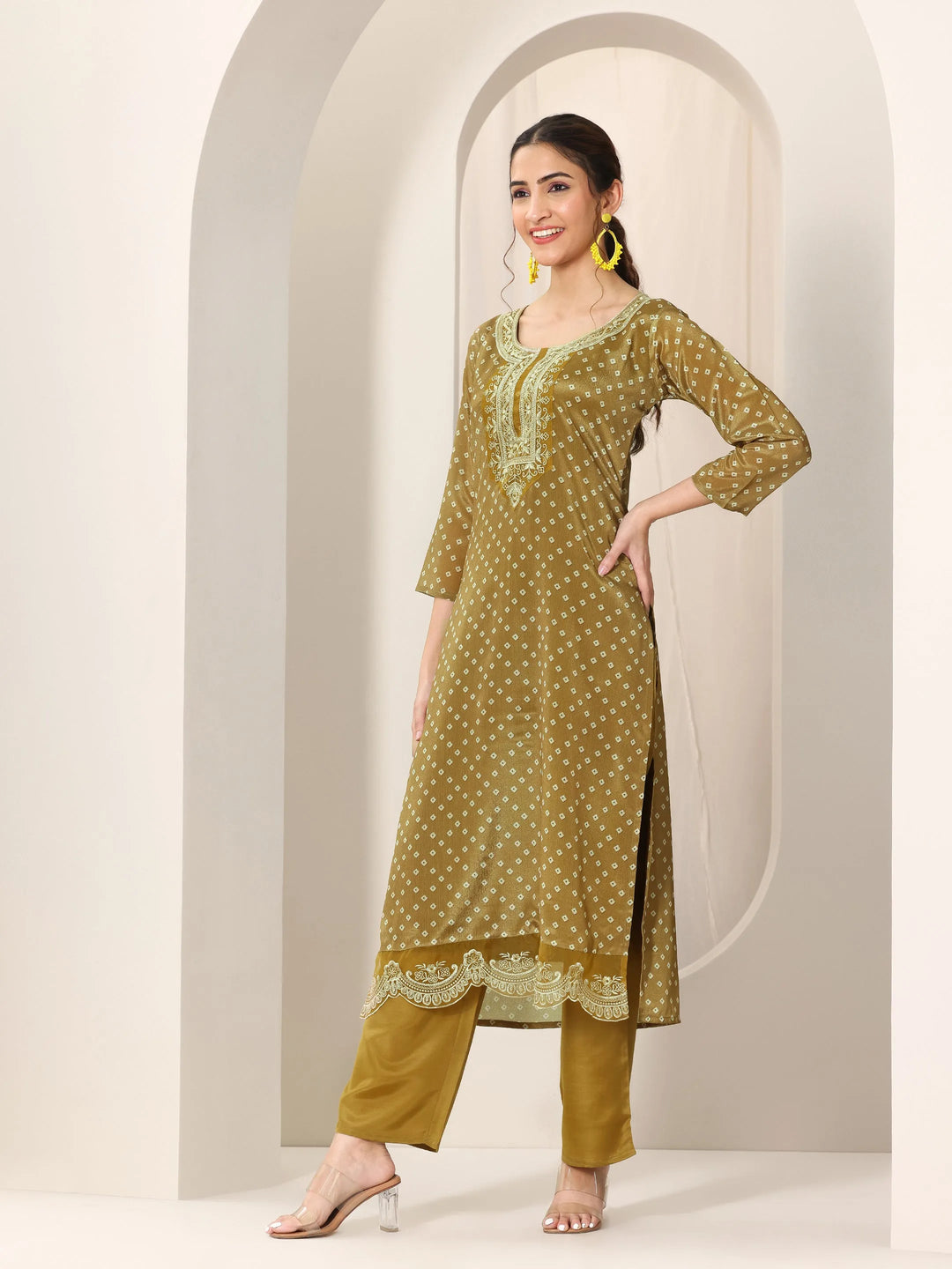  Olive Printed Silk Blend Straight Suit Set With Dupatta 