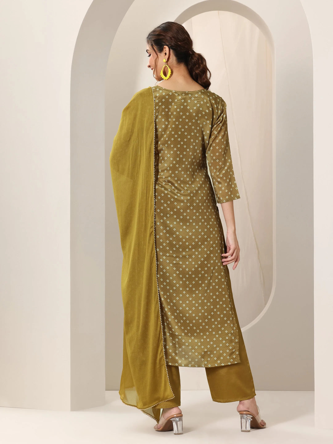  Olive Printed Silk Blend Straight Suit Set With Dupatta 