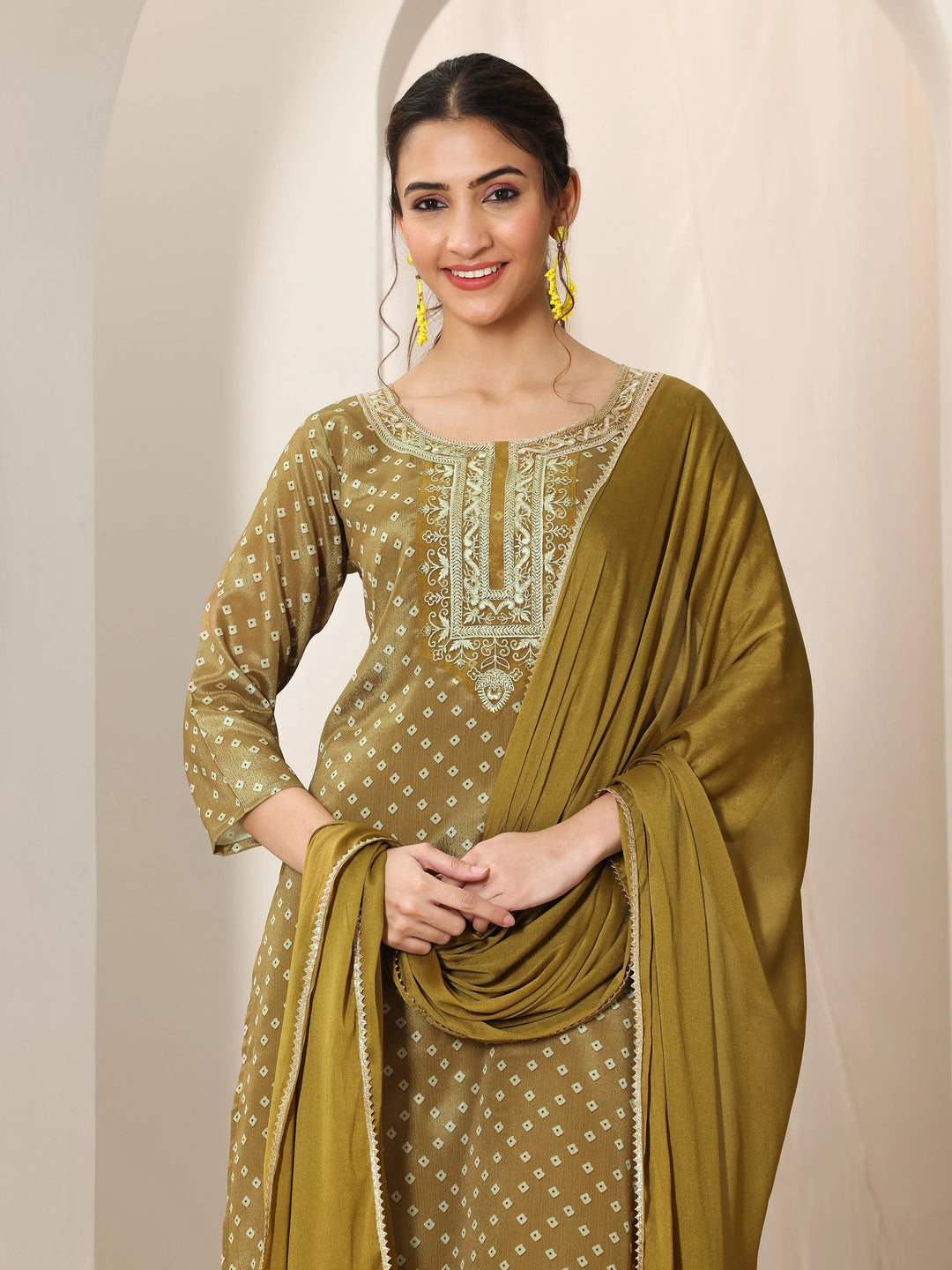  Olive Printed Silk Blend Straight Suit Set With Dupatta 