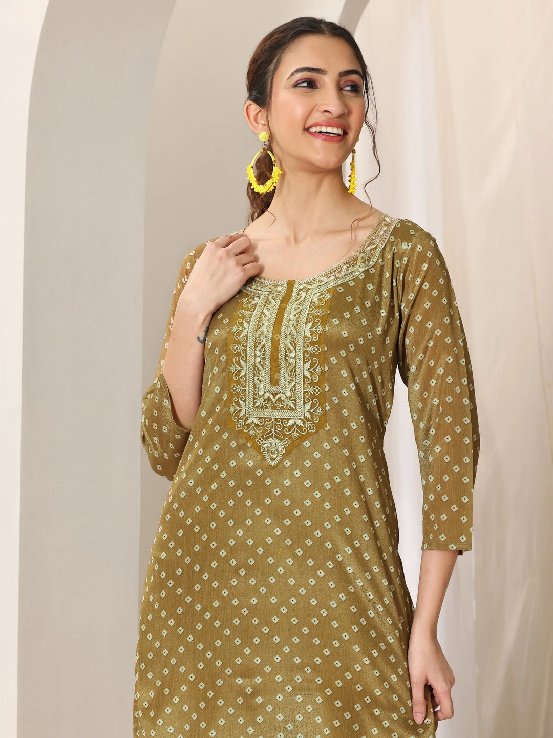  Olive Printed Silk Blend Straight Suit Set With Dupatta 