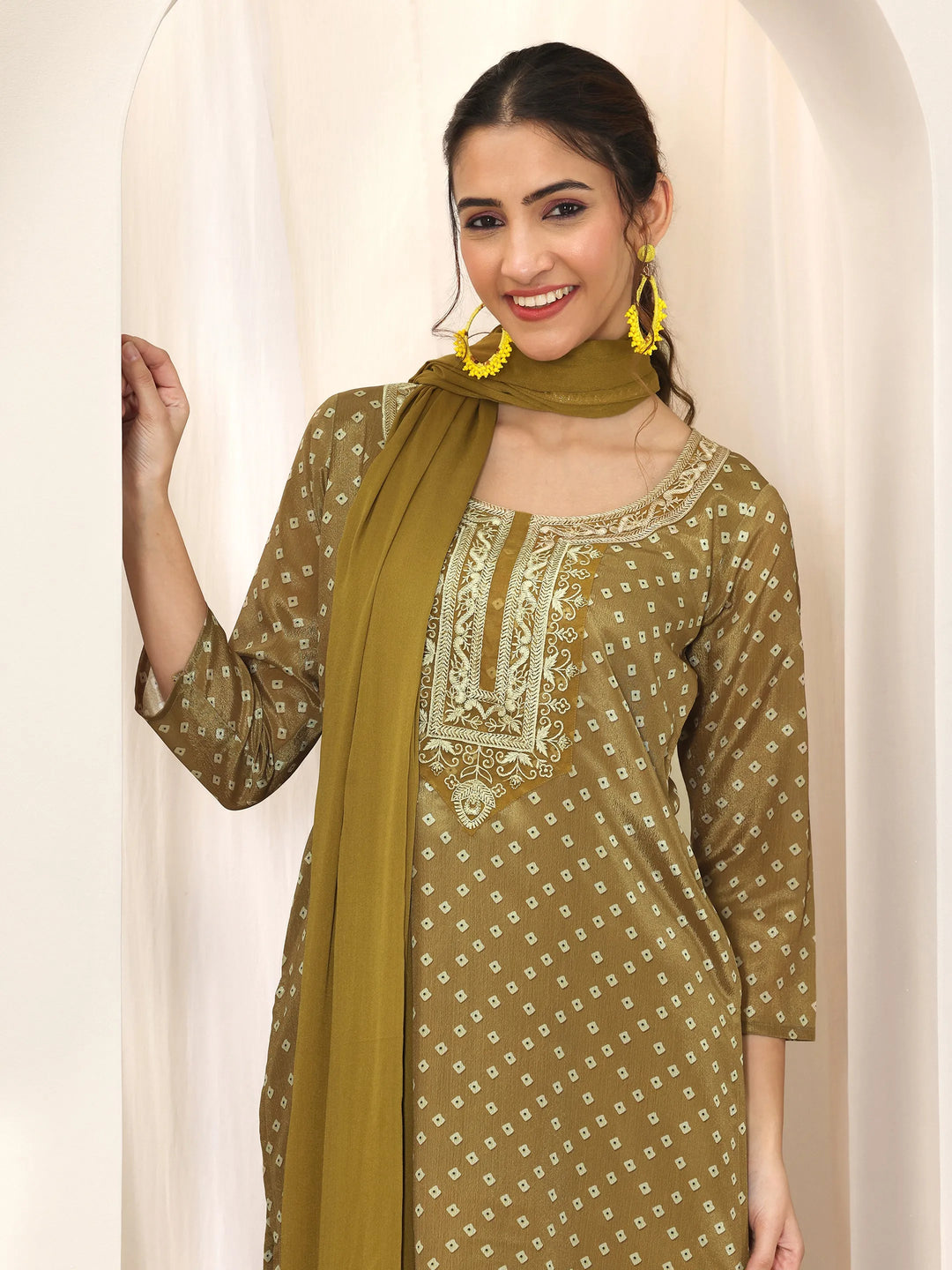 Olive Printed Silk Blend Straight Suit Set With Dupatta