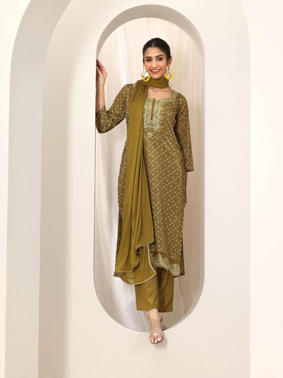  Olive Printed Silk Blend Straight Suit Set With Dupatta 