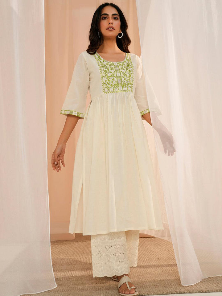 Off White Yoke Design Cotton A-Line Kurta - Libas