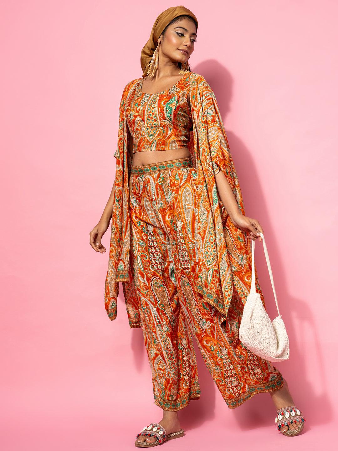 Orange Printed Silk Blend Co-Ords - Libas 