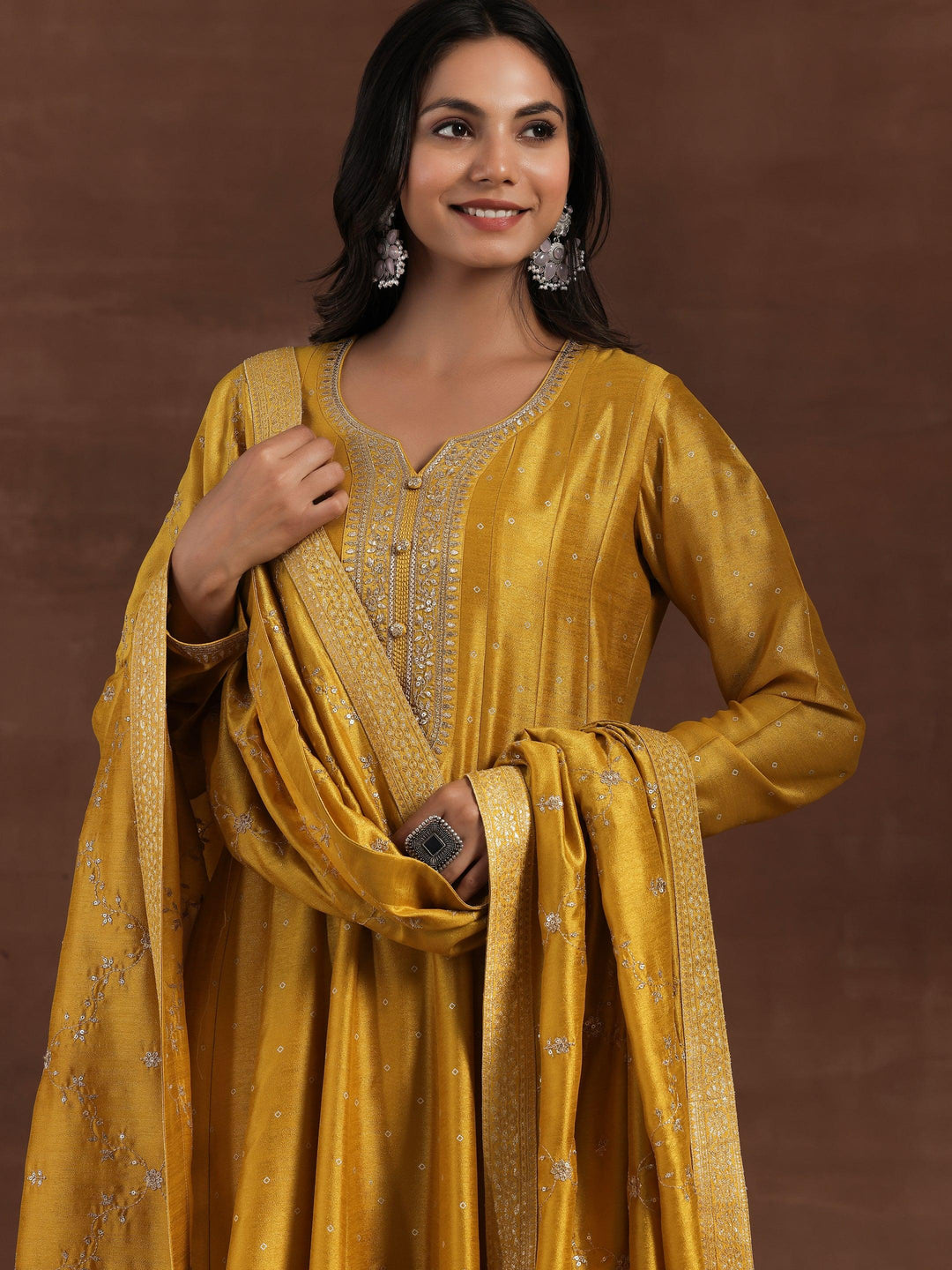 Mustard Embroidered Silk Blend A-Line Kurta With Palazzos & Dupatta - Libas 