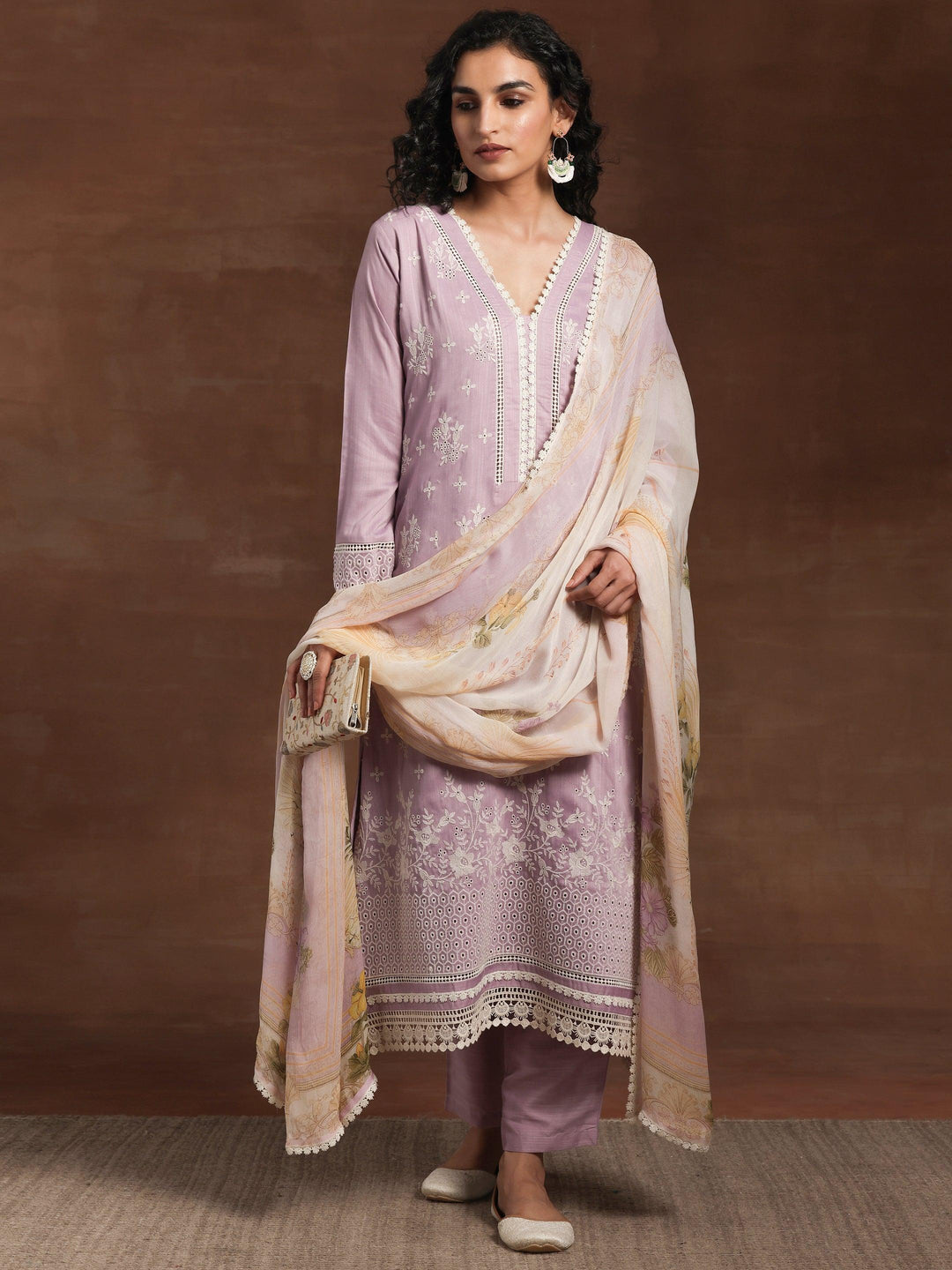 Lilac Embroidered Silk Blend Straight Suit With Dupatta - Libas 